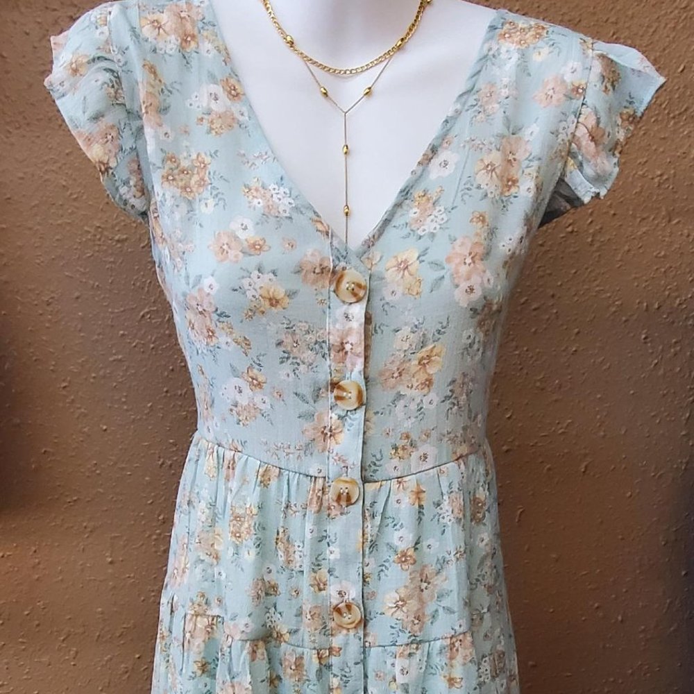 Women's Button up Tiered Ruffled Floral Tea Party Print Dress Knee length